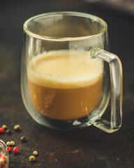 coffee with milk (cappuccino). food background. top