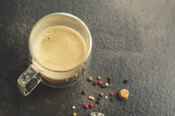 coffee with milk (cappuccino). food background. top