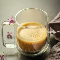 coffee with milk (cappuccino). food background. top