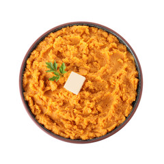 Plate with mashed sweet potatoes on white background, top view