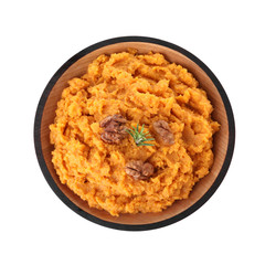 Obraz na płótnie Canvas Bowl with mashed sweet potatoes on white background, top view