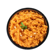 Plate with mashed sweet potatoes on white background, top view