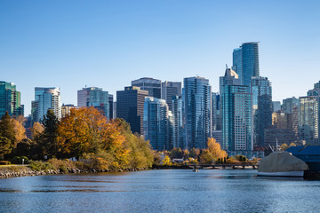 Stanley Park and seawall in Vancouver, Canada. It is largest urban park with beaches, trails, scenic seawall. It's a top attraction for tourist in Vancouver, British Columbia