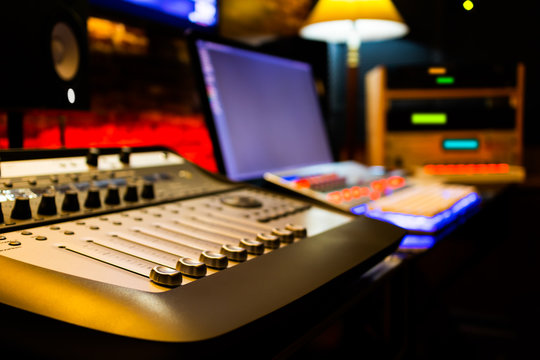 professional recording equipment in studio. music production concept background