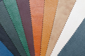 Samples of natural, textured, multi-colored leather. Top view.