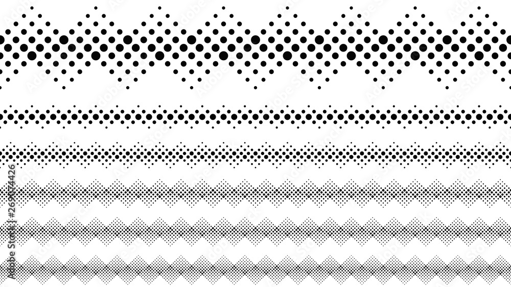 Poster black and white repeating circle pattern separator line set - abstract vector design elements from d