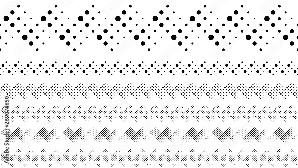 Poster repeating circle pattern page break set - black and white abstract vector graphic design elements