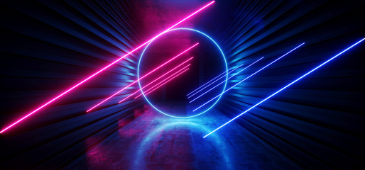 Neon Dark Stage Construction Glow Purple Blue Retro Modern Sci Fi Futuristic Future Tunnel Corridor Hallway Grunge Concrete Reflection Shapes Fluorescent Lasers 3D Rendering