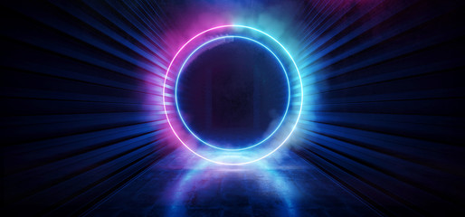 Neon Dark Stage Construction Glow Purple Blue Retro Modern Sci Fi Futuristic Future Tunnel Corridor Hallway Grunge Concrete Reflection Shapes Fluorescent Lasers 3D Rendering