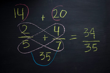 Close up math formulas written on a blackboard. Education concept
