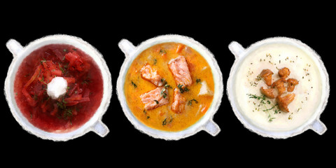 Set of soups from worldwide cuisines, healthy food. Cream soup with mushrooms, asian fish soup, soup with meat
