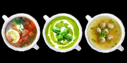 Set of soups from worldwide cuisines, healthy food. 