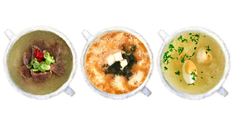 Set of soups on a white background