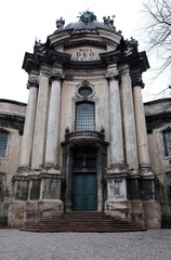 Ancient temple. Facade of an ancient temple in the city of Lviv Ukraine 15.03.2019