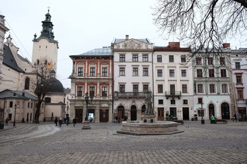 Central square of the city. Old Town Lviv Ukraine 15.03.2019