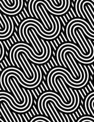 Vector seamless texture. Modern geometric background. Interlaced curved lines on phono oblique stripes.