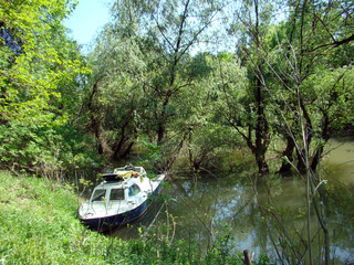 Boat on the wild arms of the Danube River