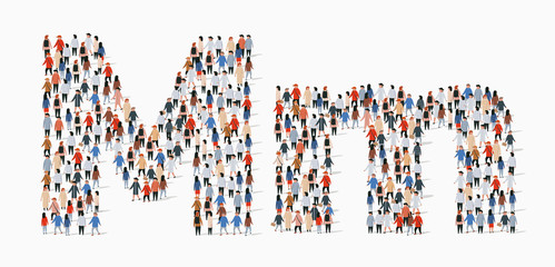 Large group of people in letter M form