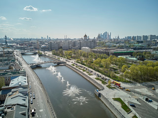 Aerial view from drone of Floating fountains near Bolotnaya square in Moscow, Russia