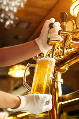 Bartender hands pouring light  beer in a glass