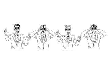 men with virtual reality headset black and white