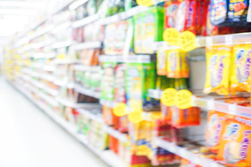 Blurred supermarket with various product on shelf row