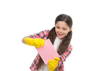 Cleaning supplies. Girl wear protective gloves for safe cleaning. Wiping dust. Make household more...
