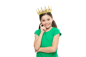 Kid wear golden crown symbol of princess. Dreams and fairy tales. Every girl dreaming to become princess. Lady adorable little princess. Royal family concept. In my dreams I could be princess