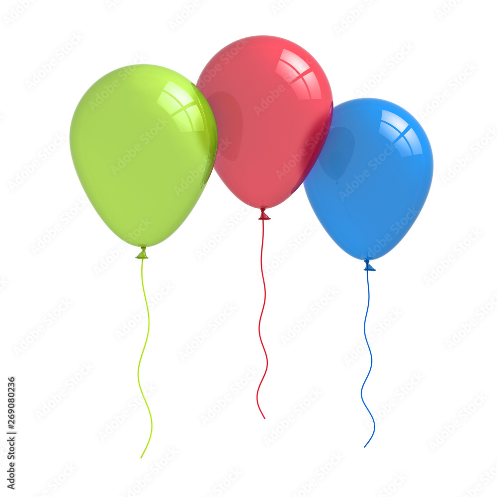 Poster colorful balloons isolated over white background with window reflections 3d rendering