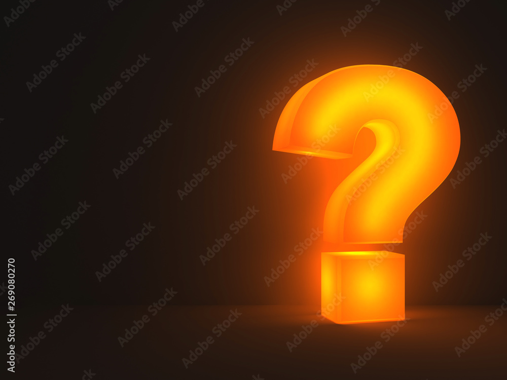 Poster light question mark standing and glowing in the dark night background with shadow 3d rendering