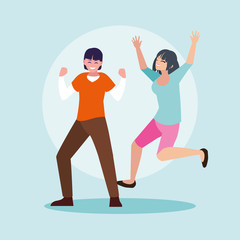 young couple celebrating with hands up