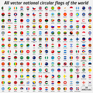 Vector collection of 208 national circular flags with detailed emblems of the world