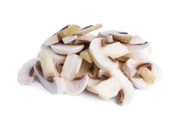 Hill of peeled and sliced white champignons