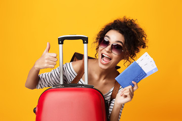 Traveling Abroad, Tourist Showing Thumb Up Over Orange Background