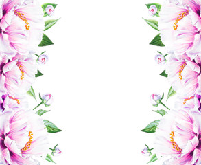 Beautiful white peony frame. Bouquet of flowers. Floral print. Marker drawing. Watercolor painting. Wedding and birthday composition. Greeting card. Flower painted background. Hand drawn illustration.