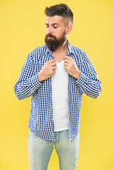 Thoughtful expression. Need to think. Thoughtful man hesitating making decision. Hipster bearded face not sure in something. Thoughtful bearded man on yellow background close up. Have some doubts