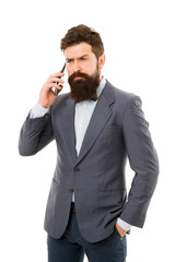 Young perfectionist. man speak on phone. business communication. Agile business. mature man. success deal. Business talk. bearded businessman in suit. Always available. Talking business details