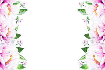 Beautiful white peony frame. Bouquet of flowers. Floral print. Marker drawing. Watercolor painting. Wedding and birthday composition. Greeting card. Flower painted background. Hand drawn illustration.