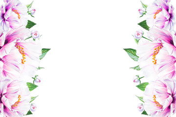 Beautiful white peony frame. Bouquet of flowers. Floral print. Marker drawing. Watercolor painting. Wedding and birthday composition. Greeting card. Flower painted background. Hand drawn illustration.