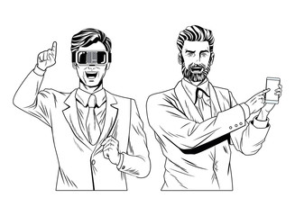 men with virtual reality headset black and white