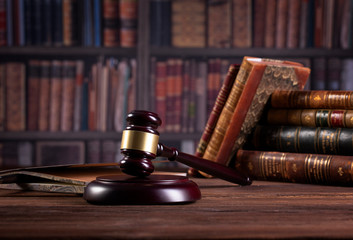 Wooden judge`s gavel. Law. Judge`s office. 