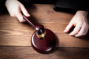 Wooden judge`s gavel. Law. Judge`s office. 