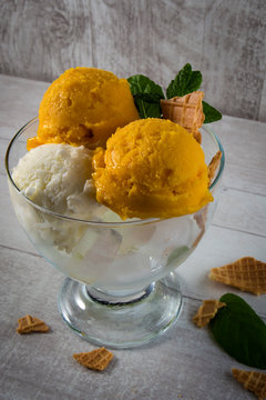 Homemade Organic Vanilla and Mango  Ice Cream with Mint - Image