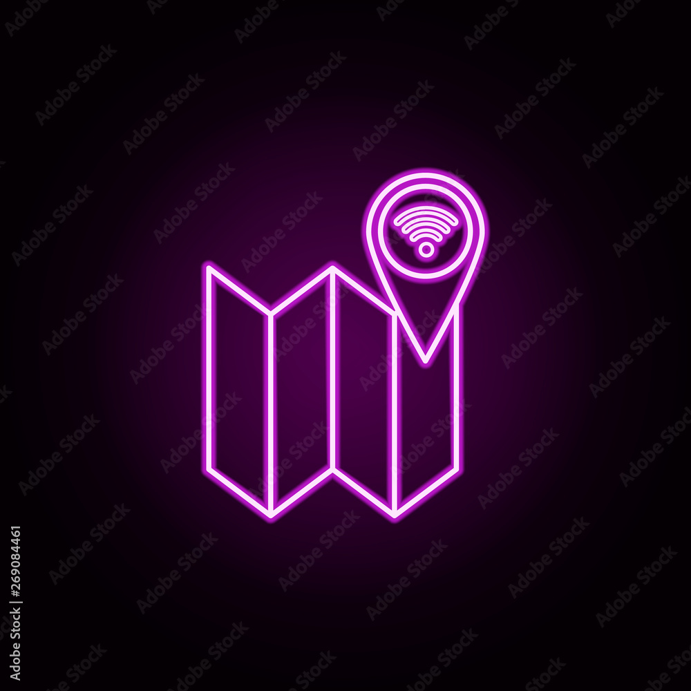 Poster wifi signal in map pin neon icon. elements of sosial media network set. simple icon for websites, we