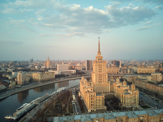 Obraz premium Hotel Ukraine and Moscow City business complex in Moscow, Russia. Aerial panoramic view