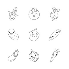 Vegetables cute kawaii linear characters
