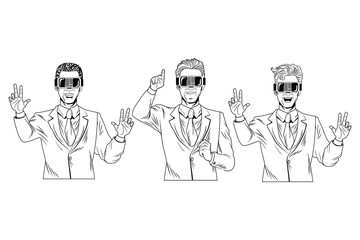 men with virtual reality headset black and white