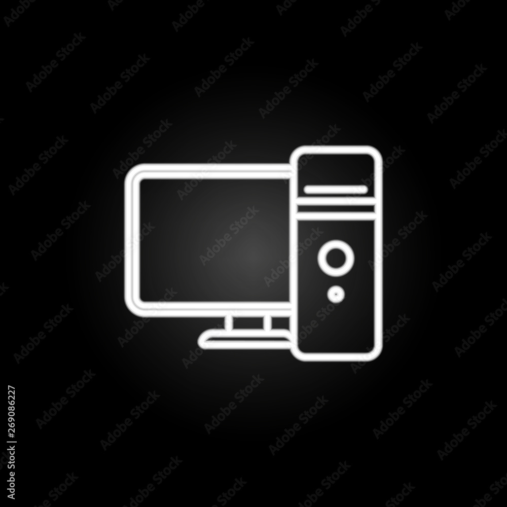 Poster desktop computer neon icon. elements of computer hardware set. simple icon for websites, web design,
