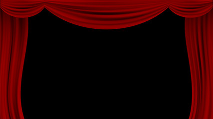 Vector realistic drapery of bright red fabric. Decorative folds of silk isolated on black background. Open theater curtain.