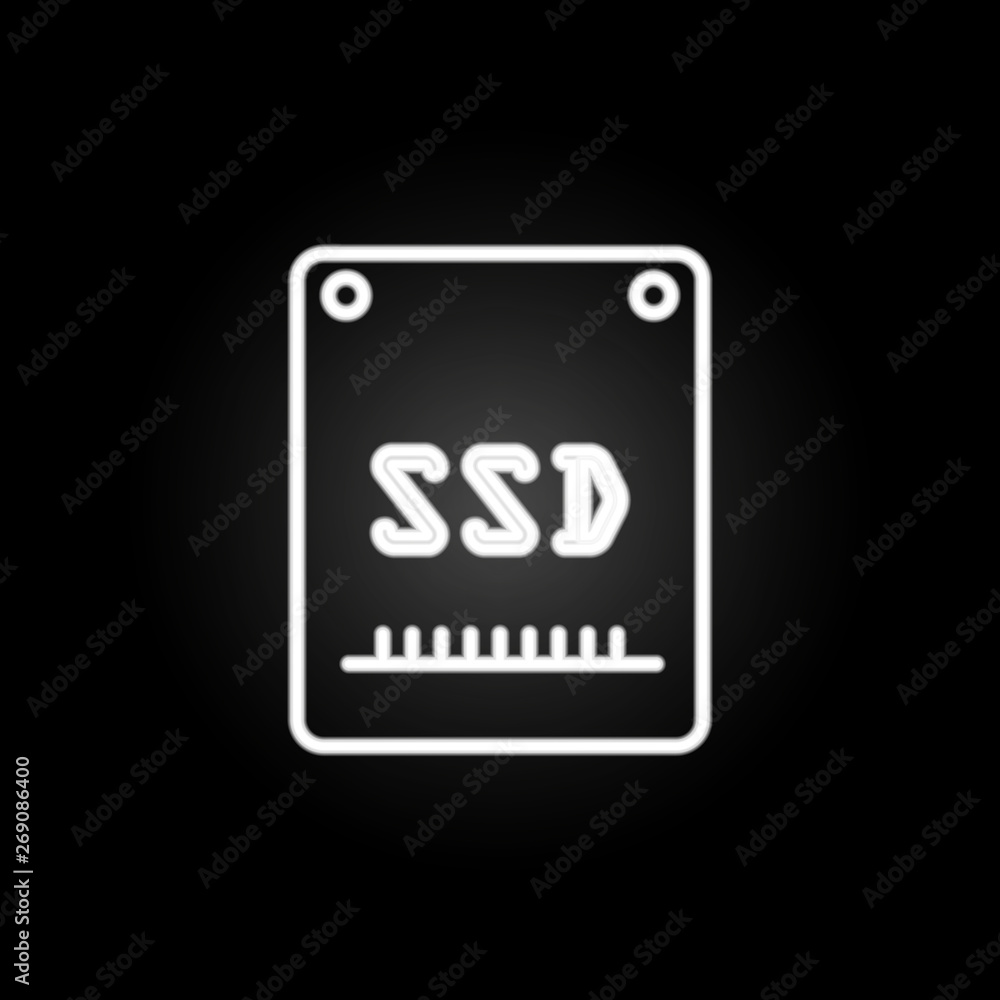 Poster ssd disk neon icon. elements of computer hardware set. simple icon for websites, web design, mobile 